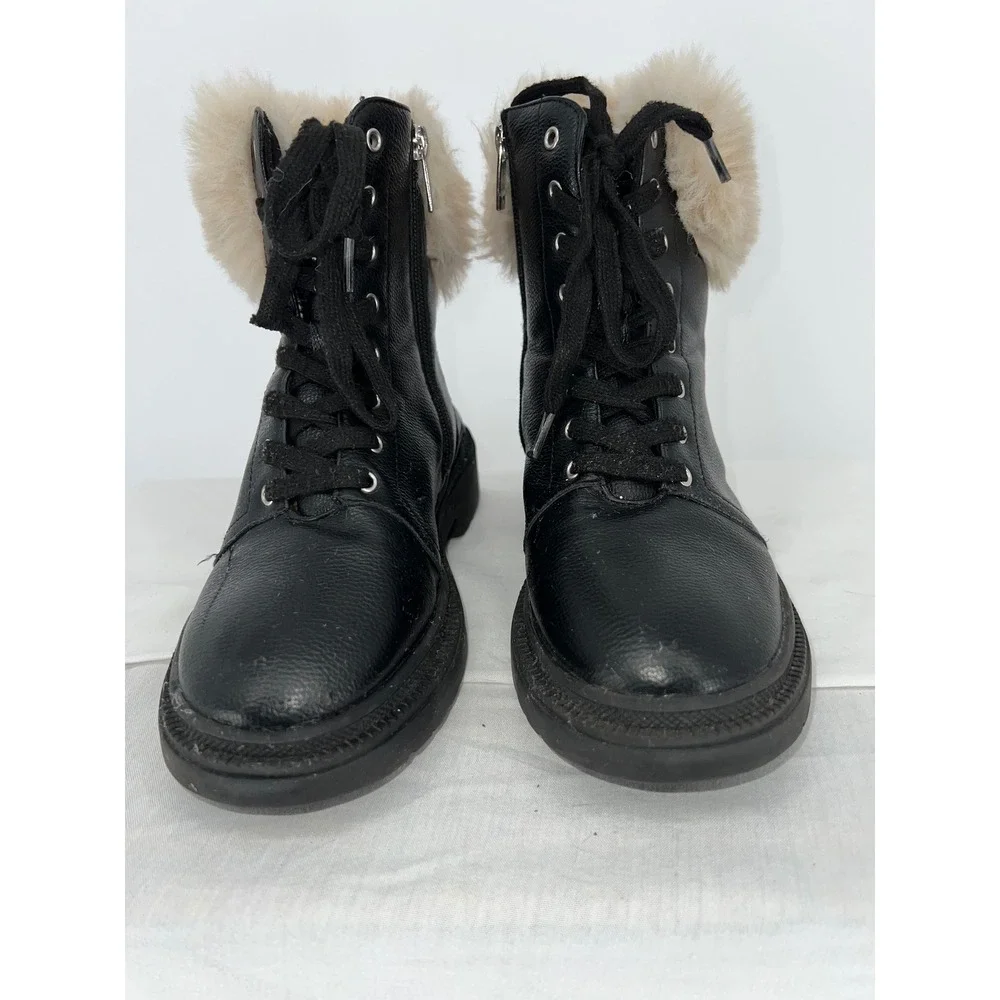 Vince Camuto Kids Black Leather Faux Fur Trim Lace Up Combat‎ Boots Side Zip